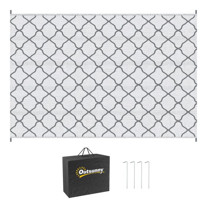 Reversible Outdoor Rug with Carry Bag and Ground Stakes, Waterproof Plastic Straw Mat for Backyard, Deck, RV, Picnic, Camping Grey & White