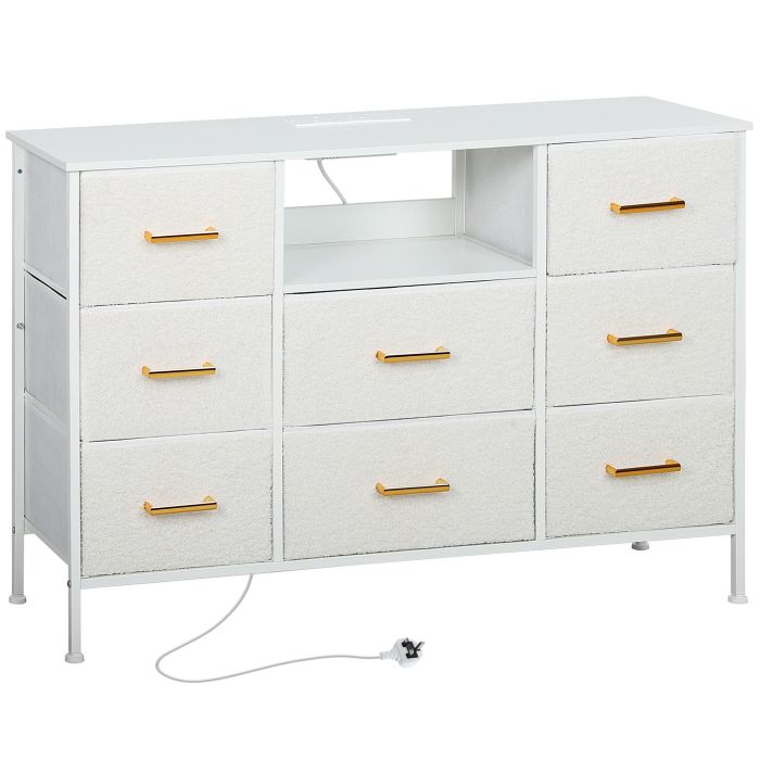 YENZA White Chest of Drawers - Large-sized, 8 Drawers, Double, Gold Handles, Fabric Drawers