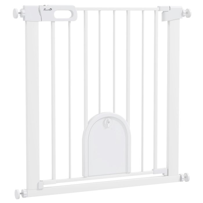 75-82cm Pet Safety Gate with Double Locking, Pressure Fit Stair with Cat Flat for Doorways, Hallways, White
