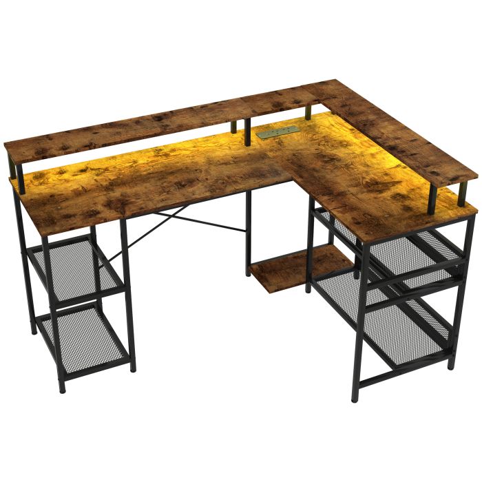 HERON L Shaped Gaming Desk with LED Lights and Power Outlets, Rustic Brown