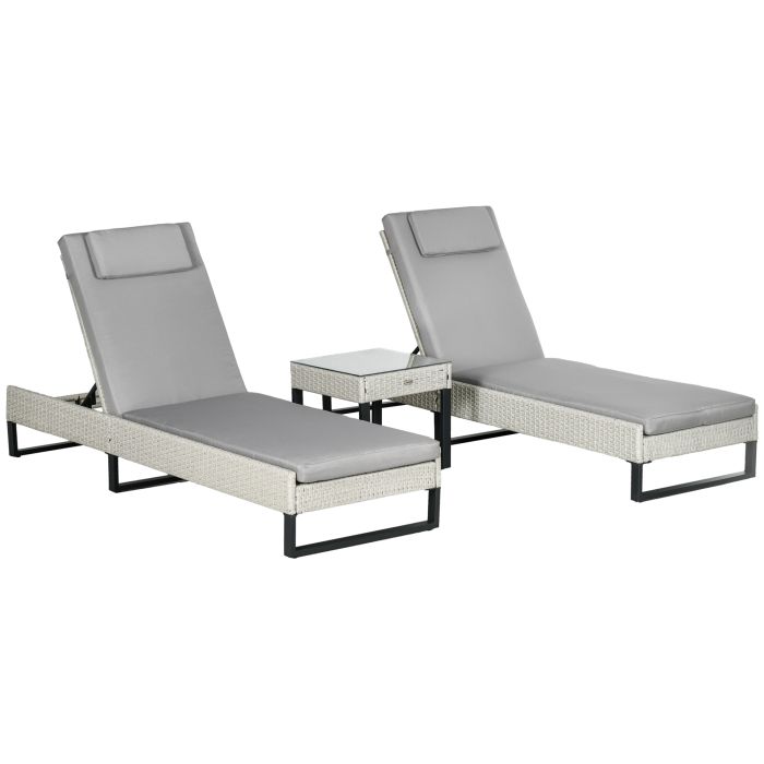 Jones 3-Piece Rattan Sun Lounger Set with Cushions and Table - Light Grey