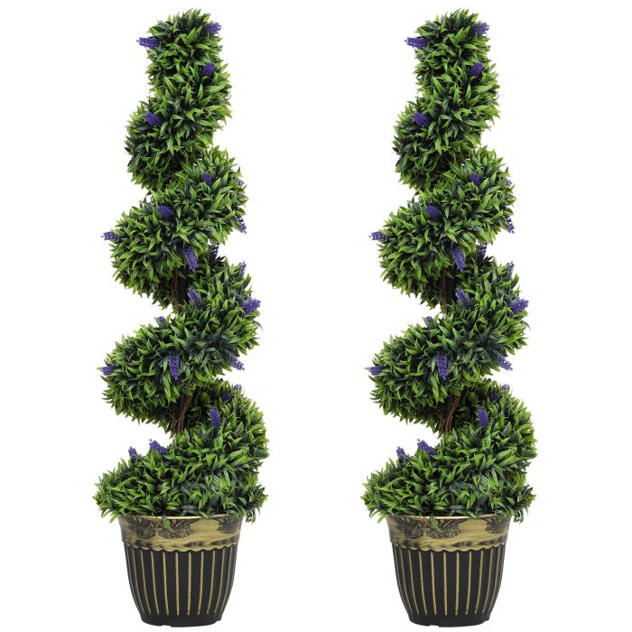 HERON Set of 2 Decorative Artificial Plants, Boxwood Spiral Topiary Tree with Lavender and Pot, Fake Plants for Home Indoor Outdoor Decor, 115cm