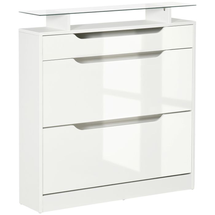 Shoe Cabinet with 3 Drawers High Gloss Storage Cupboard Tipping Bucket with Flip Door Glass Top Adjustable Shelf Large-Capacity for 16 Pairs