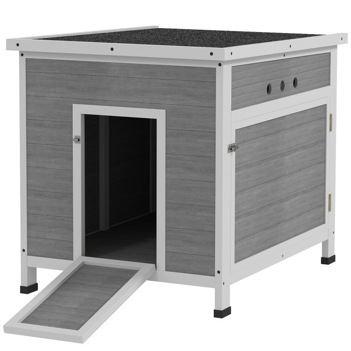 PAWSTER Wooden Duck House with Ramp, Double Doors, Asphalt Roof, Ventilation & Removable Base - Light Grey