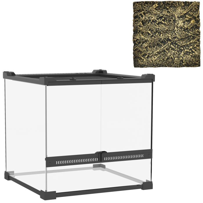 PAWSTER Reptile Glass Terrarium with Stone Background Escape Proof Knob Lock 30 x 30 x 30 cm - Black