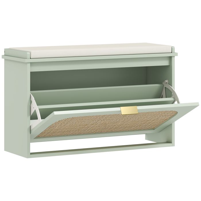 KICKSY Rattan Shoe Bench Padded Seat Flip Drawer - Light Green