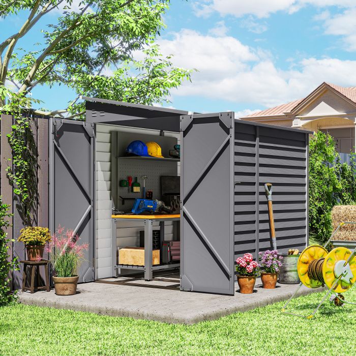 SUNVISTA 5x9ft Galvanised Metal Garden Shed Foundation Kit Lockable Doors - Grey