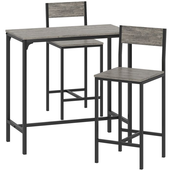 VORNELL Rectangular 3 Piece Bar Table with 2 Stools, Footrest and Backrest - Grey