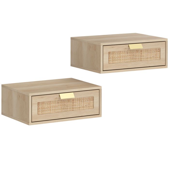 Cavis Oak Rattan Floating Bedside Table Set of 2 - 40cm