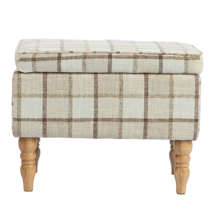 SHIPSTON Rectangular Linen Storage Footstool with Removable Top, Padded Seat and Hidden Storage - Brown Plaid and Natural Wood