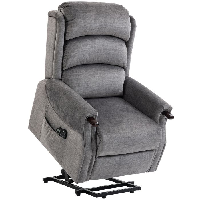 HESWALL Power Lift Recliner Chair with Vibration Massage, Heat, Wood Grips and Pocket Springs - Light Grey and Wood Colour