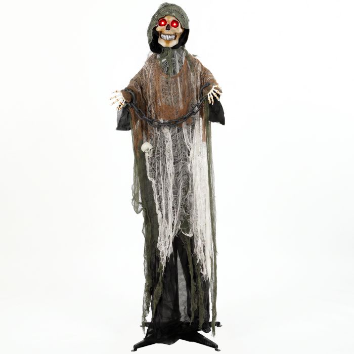 BROADWAY 170 cm Animated Grim Reaper Halloween Decoration with Moving Hands, Glowing Eyes and Sound - Black, White and Brown