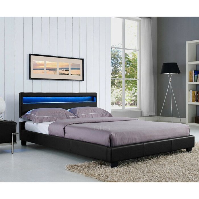 Stylish Black Design Bed Frame with LED Night Light - 4ft6 Double Size