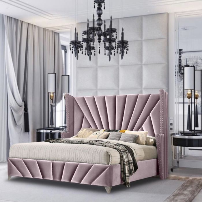 Premiere Upholstered Plush Velvet Fabric Beds Pink - 5 Sizes