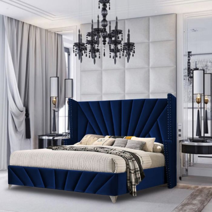 Premiere Upholstered Plush Velvet Fabric Beds Blue - 5 Sizes