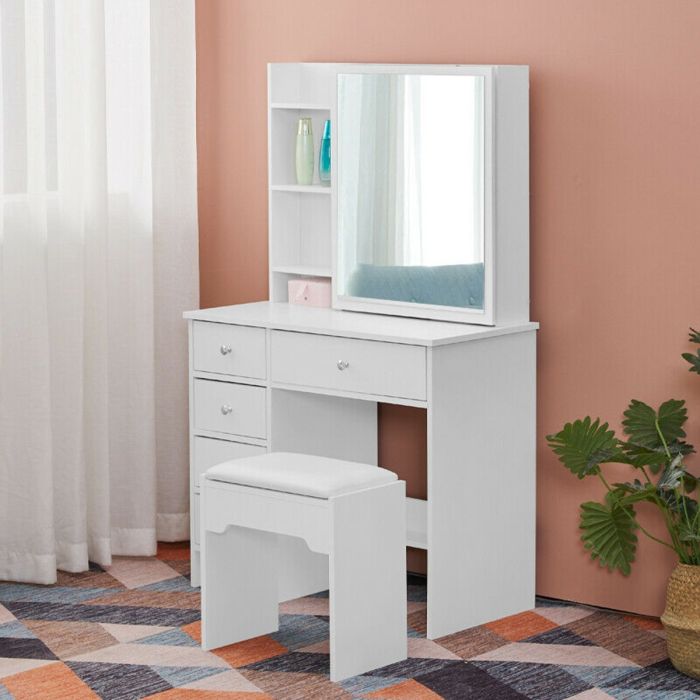 Modern 4 Drawers Dressing Table With Sliding Mirror And Stool Makeup Desk - White