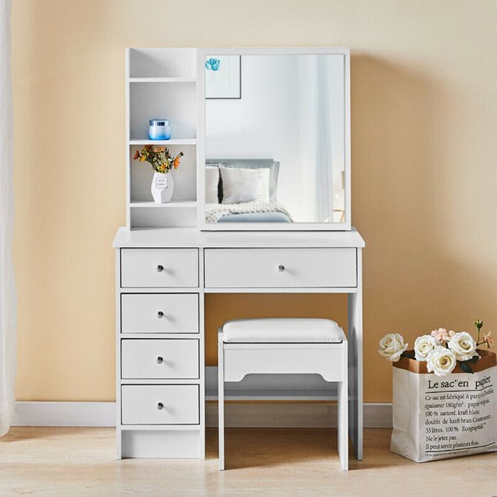 5 Drawers Makeup Desk Dressing Table with Mirror and Stool - White