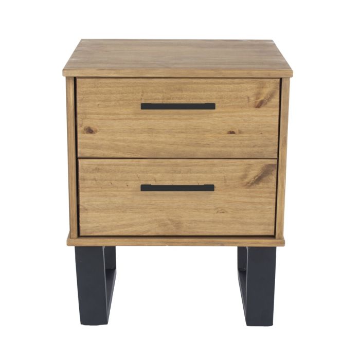 Texas Black Metal Frame 2 Drawer Bedside Table - Antique Waxed Pine