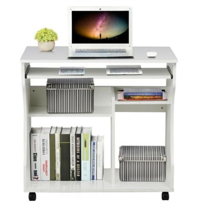 Stylish Wooden Office Table with Wheels - White