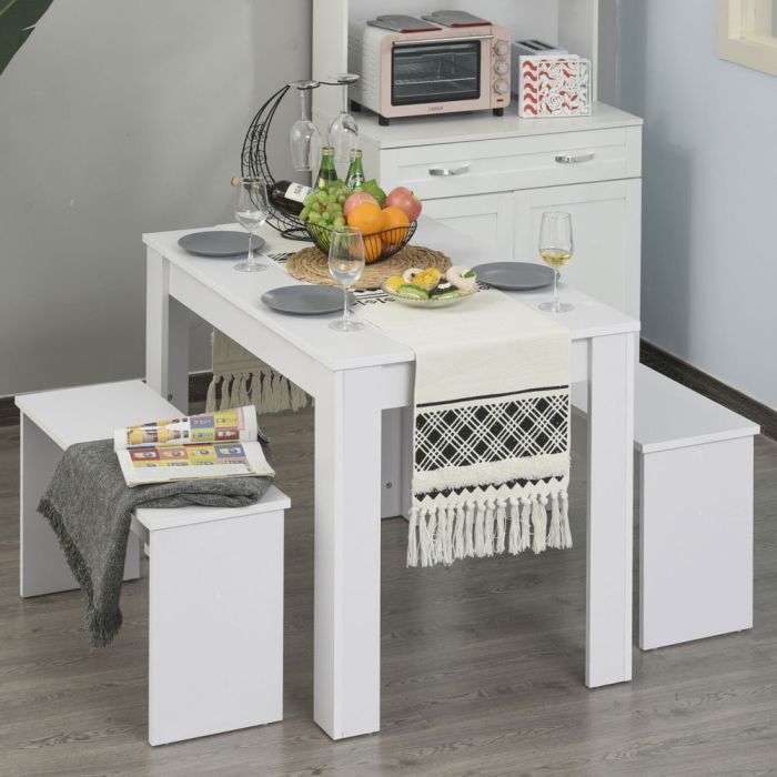 Compact Dining Table and Bench Seats 3 Pcs Set - White