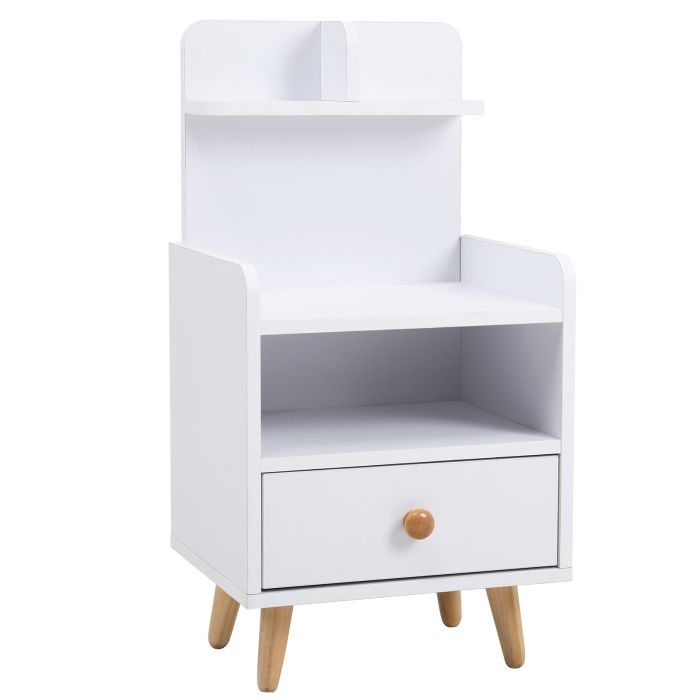 Wooden 1-Drawer Bedside Table Nightstand with a Shelf and Wooden Legs, White