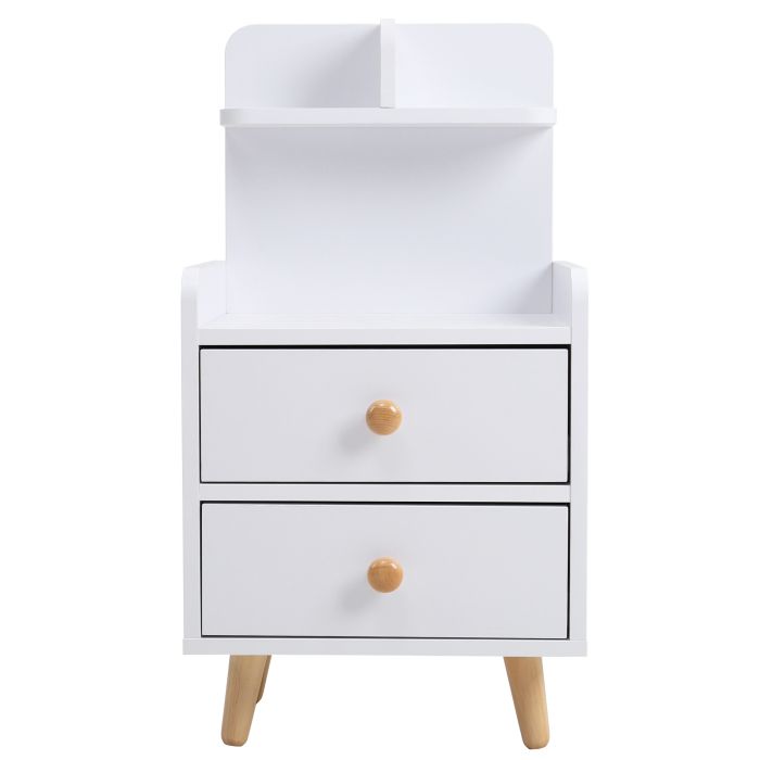 Wooden 2-Drawer Bedside Table Nightstand with a Shelf and Wooden Legs, White