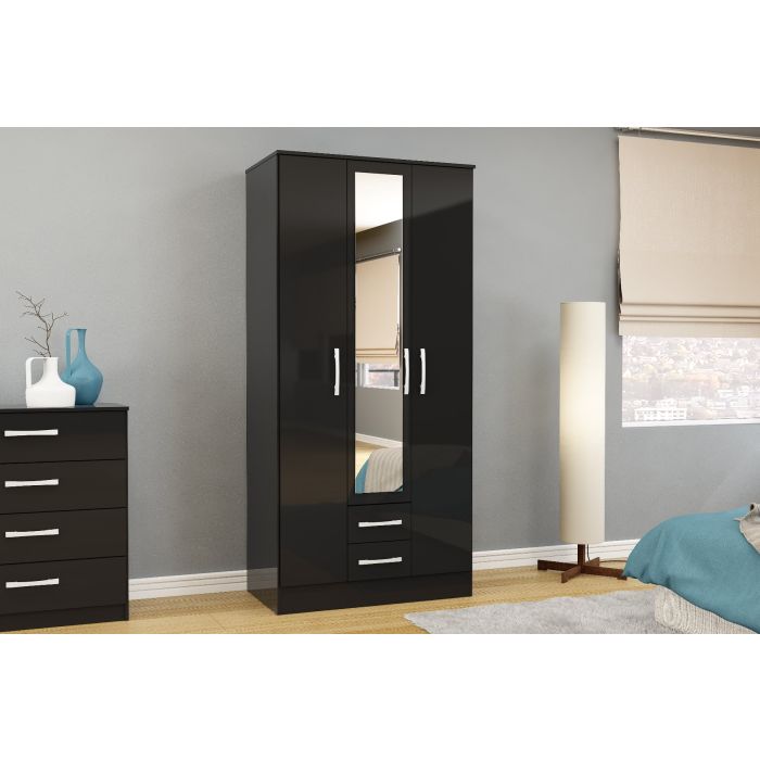 Lynx 3 Door 2 Drawer Mirrored Wardrobe - Black