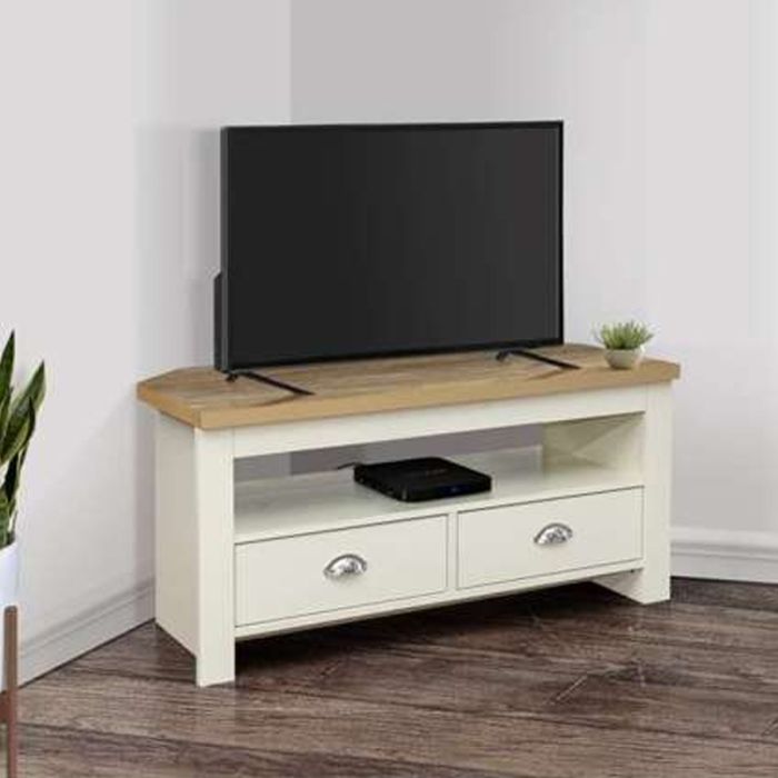 Modern Design Oak Top 2 Drawers Corner Tv Table - Cream