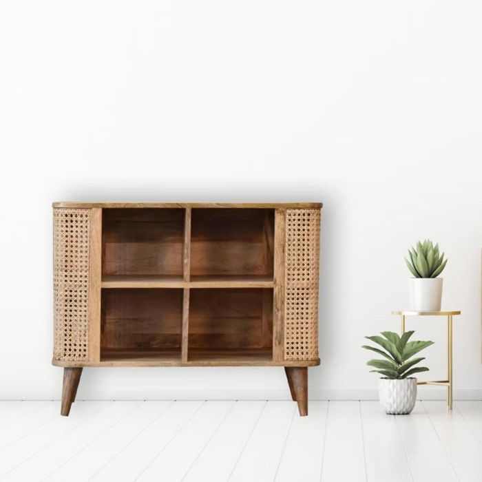 GENOVA Solid Wood Rattan Design Larissa Open Display Cabinet with 4 Shelves - Oak