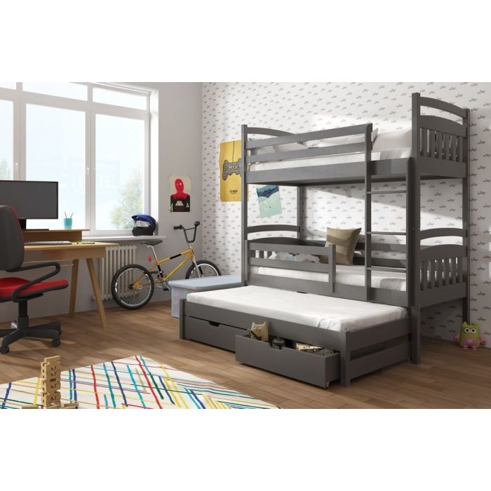 Wooden 2 Drawers Storage Bunk Bed Elana with Trundle and Foam Mattress - Graphite