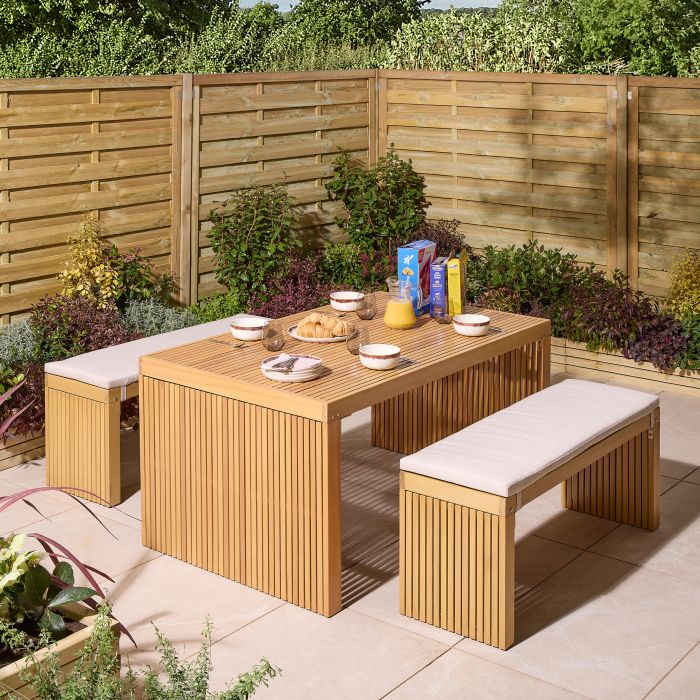 CLOVETT Garden 4 Seater Table and Bench Set - Oak Finish