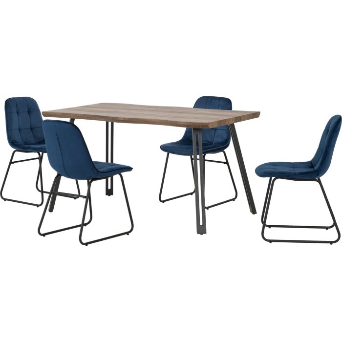 Quebec Wave Edge Dining Set with Lukas Chairs - Oak Effect Black Sapphire Blue Velvet