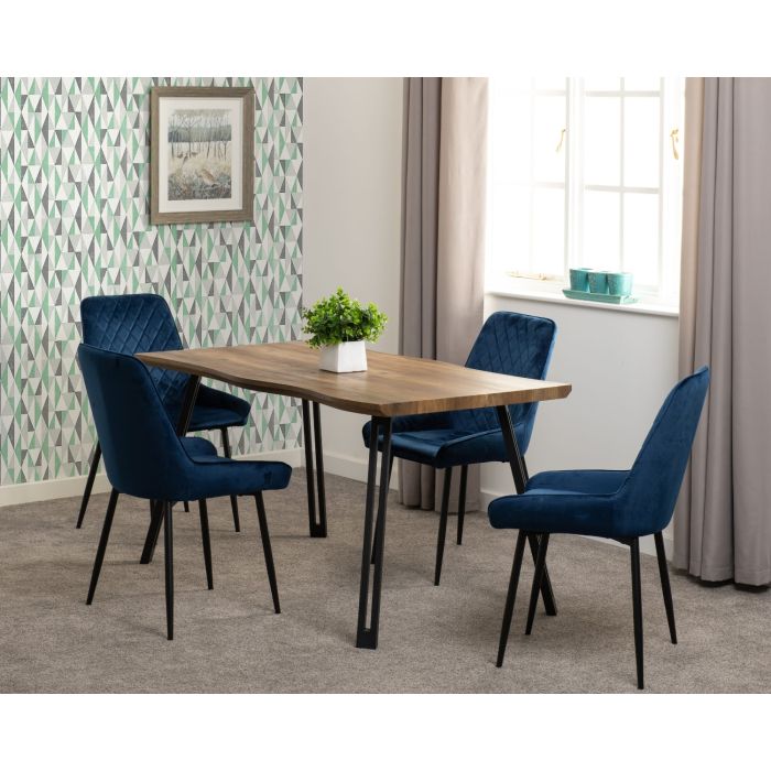 Quebec Wave Edge Dining Set with Avery Chairs - Oak Effect Black Sapphire Blue Velvet