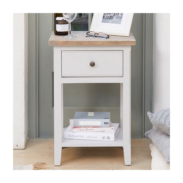 Ransley Grey Limed Lamp Table with Drawer and Open Shelf