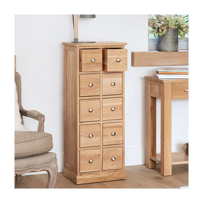 Oak Finish Chest of Drawers - BRAVO-07 Low Chest 10 Drawers
