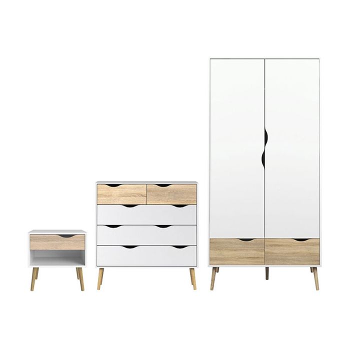 Wardrobe Set - OSSETT 2 Door Bedroom Set 3 Piece White and Oak 98cm