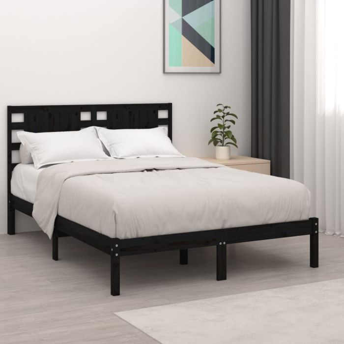 Bed Frame Black Solid Wood Pine 140x190 cm