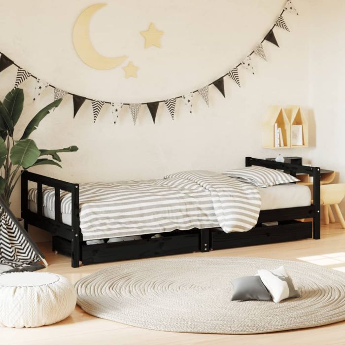 Kids Bed Frame with Drawers Black 90x200cm Solid Wood Pine