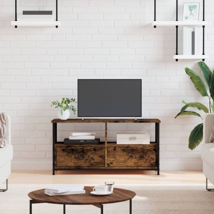 TV Cabinet Smoked Oak 90x33x45 cm Engineered Wood&Iron