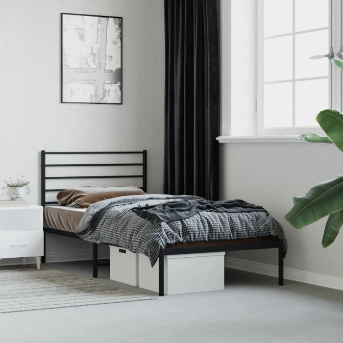 Metal Bed Frame with Headboard Black 90x200 cm