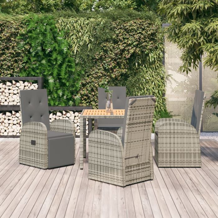 5 Pcs Garden Dining Set Grey Poly Rattan and Solid Wood Acacia