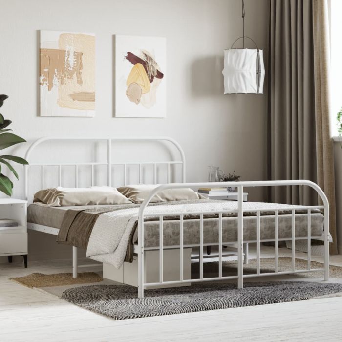 Metal Bed Frame with Headboard and Footboard White 135x190 cm