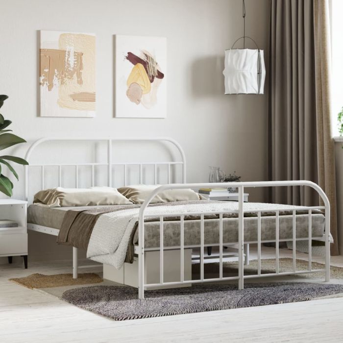 Metal Bed Frame with Headboard and Footboard White 140x190 cm