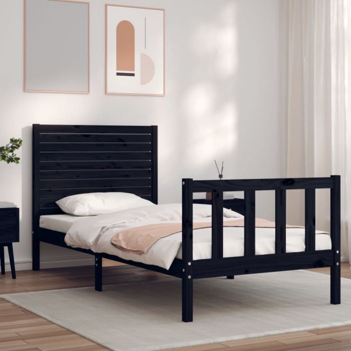 Bed Frame with Headboard Black Small Single Solid Wood