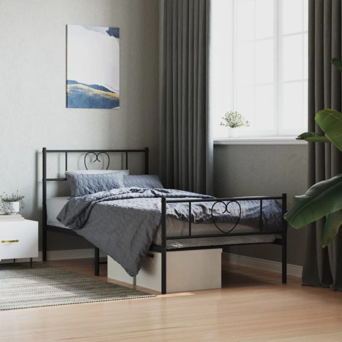 Metal Bed Frame with Headboard and Footboard Black 100x190 cm