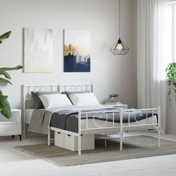 Metal Bed Frame with Headboard and Footboard White 135x190 cm Double