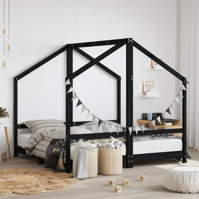 Kids Bed Frame Black 2x80x160cm Solid Wood Pine