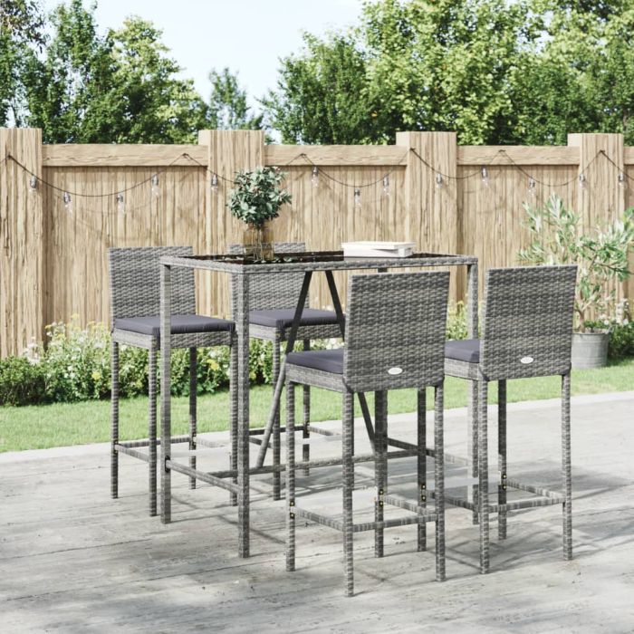 5 Piece Garden Bar Set with Cushions Grey Poly Rattan