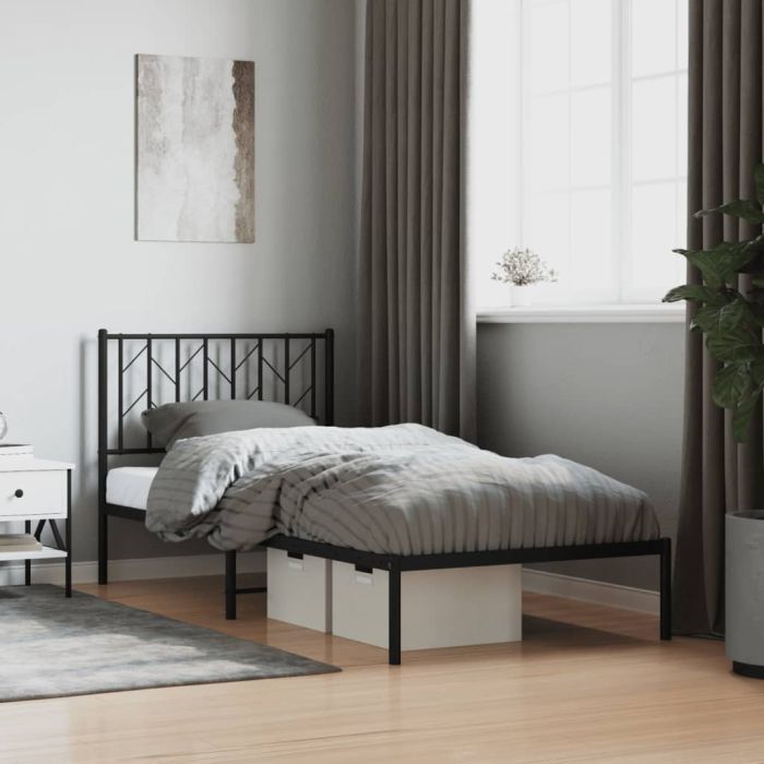 Metal Bed Frame with Headboard Black 90x200 cm