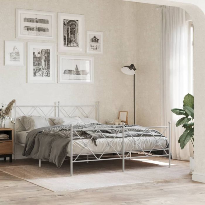 Metal Bedframe with Footboard White 150x200cm